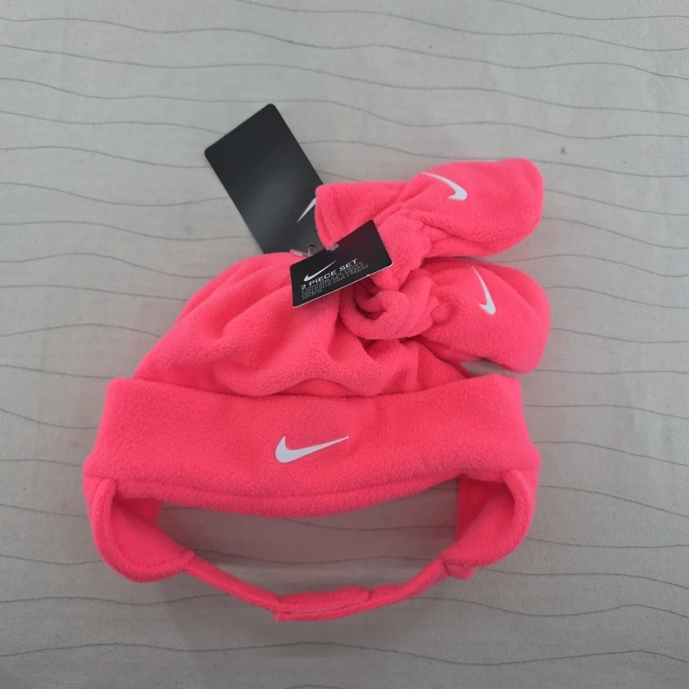 Nike Toddler Fleece Chin Strap Trapper Hat & Mittens 2 Piece Set Racer Pink NEW